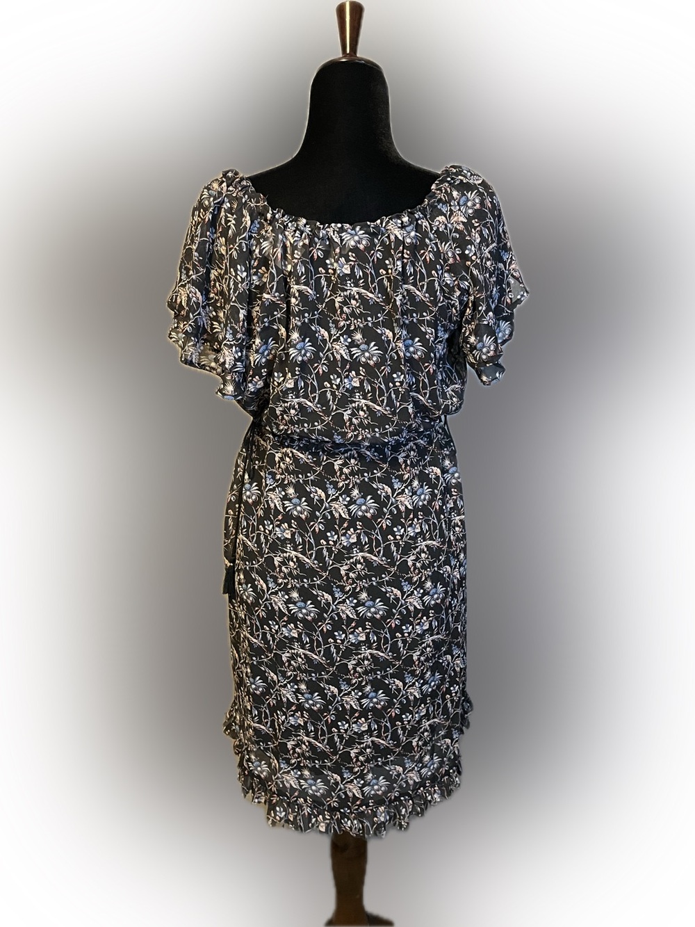 Beltaine Dark Floral Ruffle Tie-Waist Mini Dress size XS - Picture 3 of 11